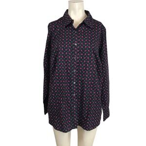 TALBOTS - WOMEN'S 1X BLACK LONG SLEEVE ELEPHANT BUTTON UP TOP SHIRT
